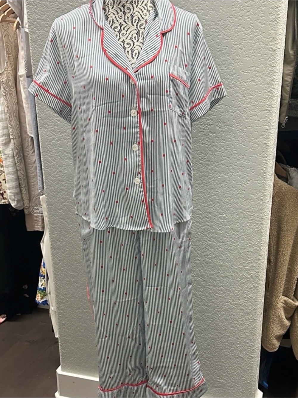 Room Service Chic Blue & White Striped Pajamas Set with Pink Trim Intimates